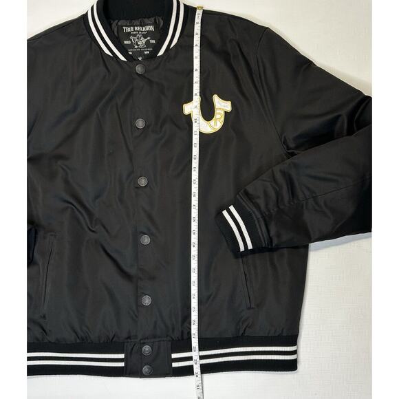 True Religion Jacket Mens 2XL Button Snap Satin Bomber Black Horseshoe Logo - Picture 14 of 16